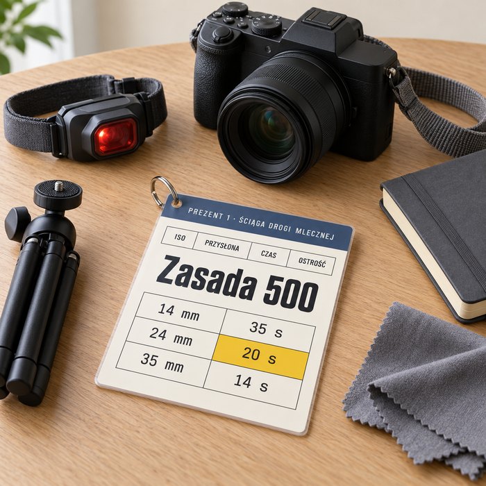Ściąga Drogi Mlecznej: tabela zasady 500 na ściądze, obok aparatu
