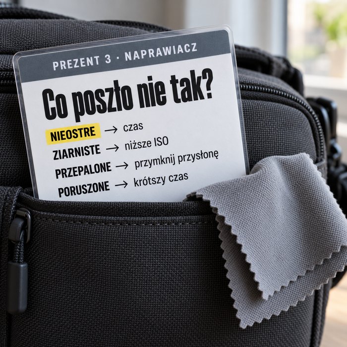 Naprawiacz: kartka w kieszeni torby fotograficznej z wierszami poprawek