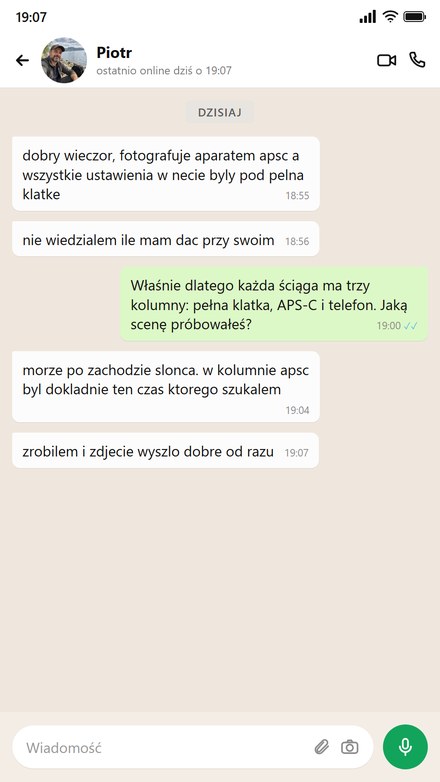 Ktoś z aparatem APS-C pisze, że dzięki trzem kolumnom wiedział, co ustawić