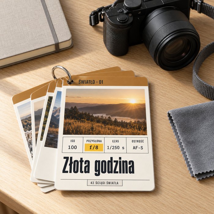 43 Ściągi Światło: ściągi o świetle na stole, obok ściereczki z mikrofibry i aparatu